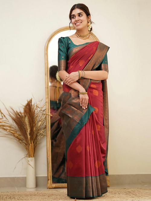 red art silk banarasi saree with blouse - 20129715 - Very Small Image - 1
