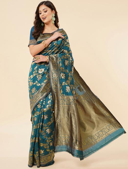 teal green banarasi saree with blouse - 20129748 - Very Small Image - 1