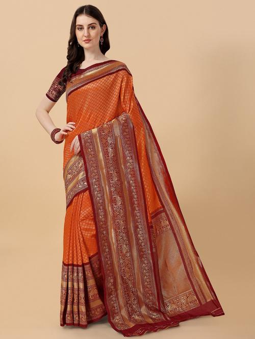 orange art silk banarasi saree with blouse - 20129759 - Very Small Image - 1