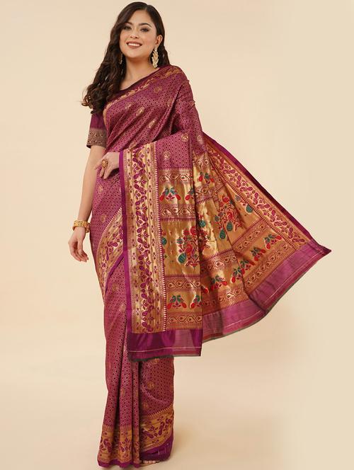 purple art silk banarasi saree - 20129785 - Very Small Image - 1