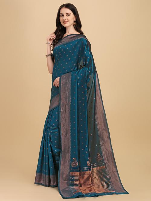 teal blue banarasi saree with blouse - 20129828 - Very Small Image - 1