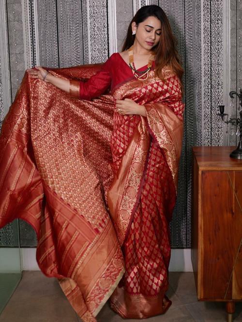 red art silk banarasi saree with blouse - 20129904 - Very Small Image - 1