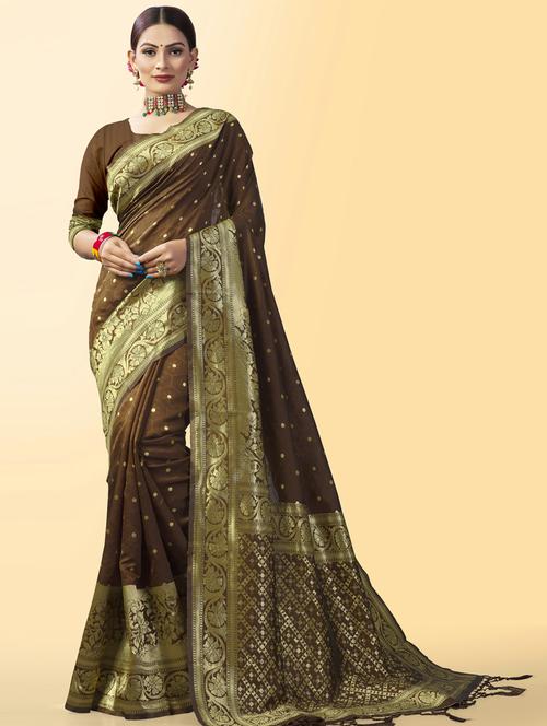 brown art silk banarasi saree with blouse - 20129941 - Very Small Image - 1