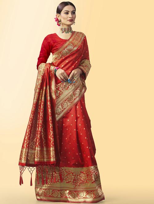 red art silk banarasi saree with blouse - 20129945 - Very Small Image - 1
