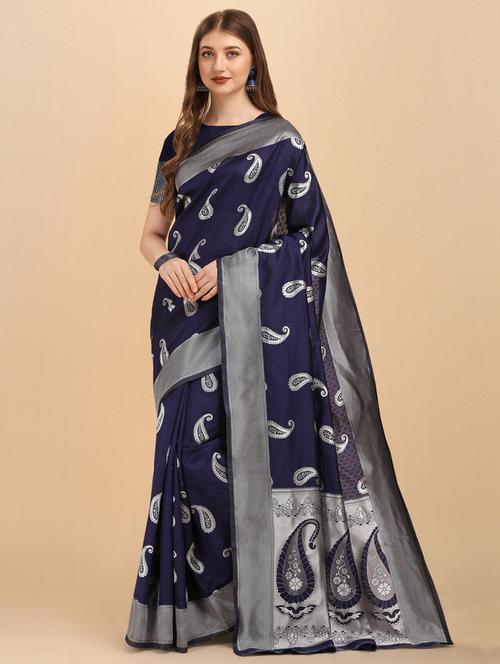 navy blue banarasi saree with blouse - 20129956 - Very Small Image - 1