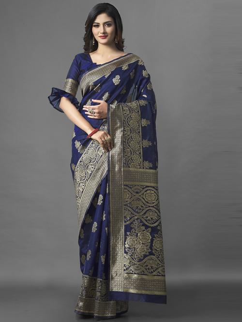 navy blue banarasi saree with blouse - 20129984 - Very Small Image - 1