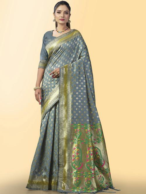grey art silk banarasi saree - 20130043 - Very Small Image - 1