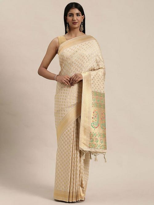 cream art silk banarasi saree with blouse - 20130047 - Very Small Image - 1