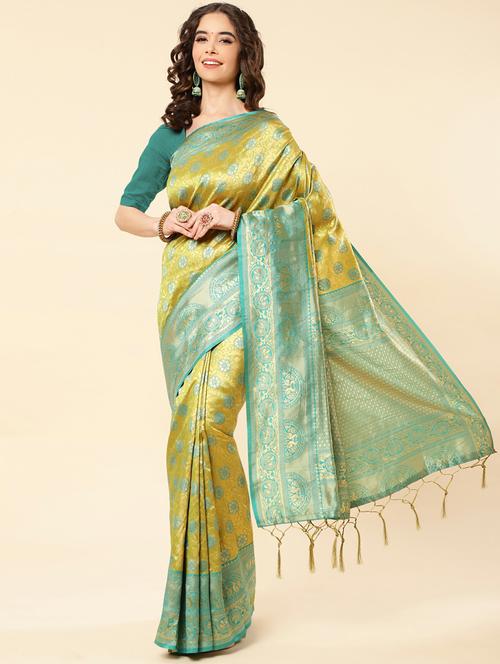 green art silk banarasi saree with blouse - 20130092 - Very Small Image - 1