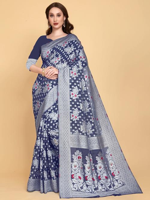 blue art silk jamdani saree with blouse - 20130206 - Very Small Image - 1