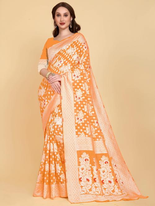 orange art silk jamdani saree with blouse - 20130207 - Very Small Image - 1