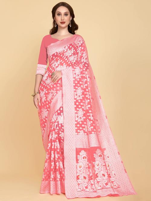 pink art silk jamdani saree with blouse - 20130210 - Very Small Image - 1
