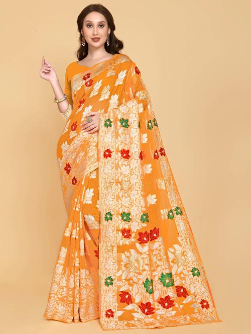orange art silk jamdani saree with blouse - 20130213 - Very Small Image - 1