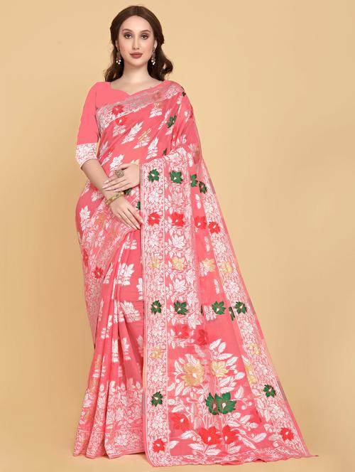 pink art silk jamdani saree with blouse - 20130216 - Very Small Image - 1