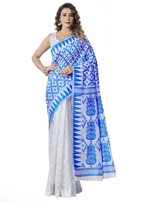white art silk jamdani saree with blouse - 20130220 - Very Small Image - 1