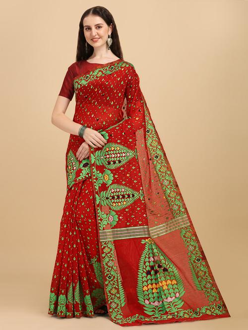 red art silk jamdani saree with blouse - 20130236 - Very Small Image - 1