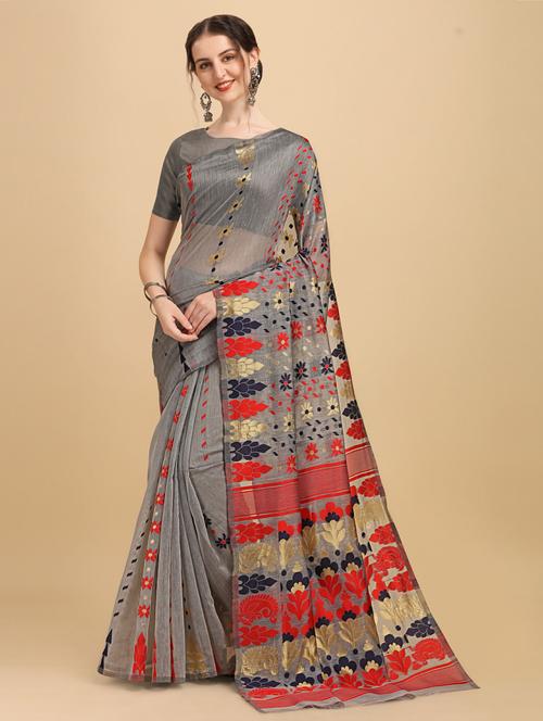 grey art silk jamdani saree with blouse - 20130242 - Very Small Image - 1