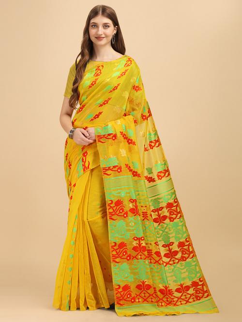 yellow art silk jamdani saree with blouse - 20130254 - Very Small Image - 1