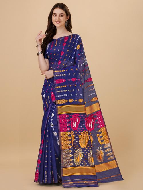 blue art silk jamdani saree with blouse - 20130257 - Very Small Image - 1