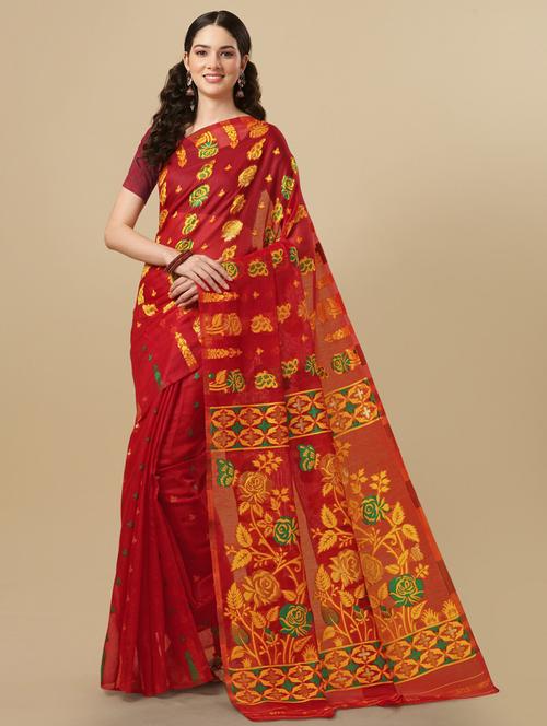 red art silk jamdani saree with blouse - 20130283 - Very Small Image - 1