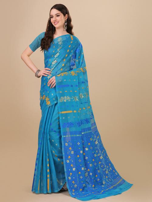 blue art silk jamdani saree with blouse - 20130294 - Very Small Image - 1