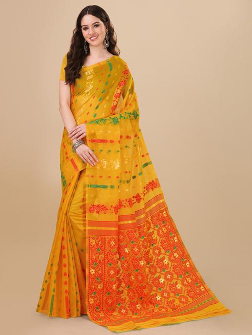 mustard jamdani saree with blouse - 20130296 - Very Small Image - 1