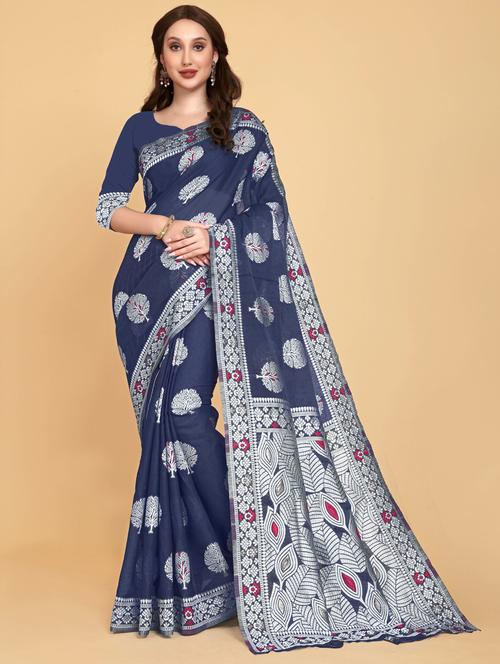 blue art silk jamdani saree with blouse - 20130314 - Very Small Image - 1