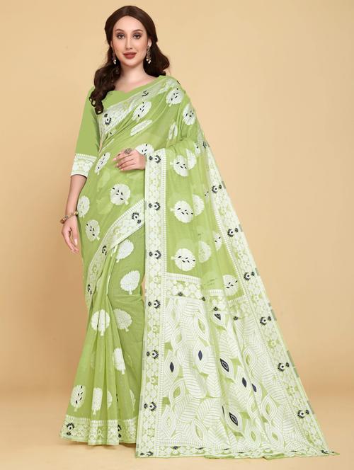 green art silk jamdani saree - 20130317 - Very Small Image - 1