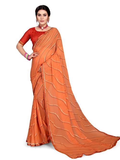 women's printed orange colored saree with blouse - 20130551 - Very Small Image - 1