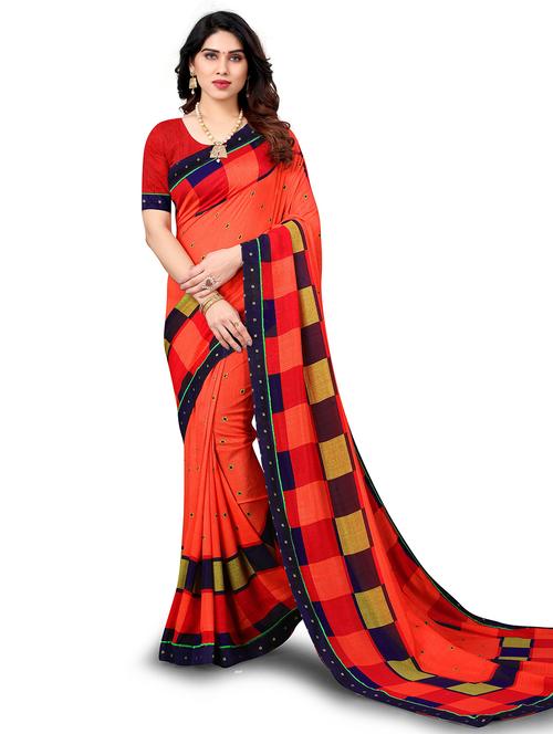 women's checks red colored saree with blouse - 20130578 - Very Small Image - 1