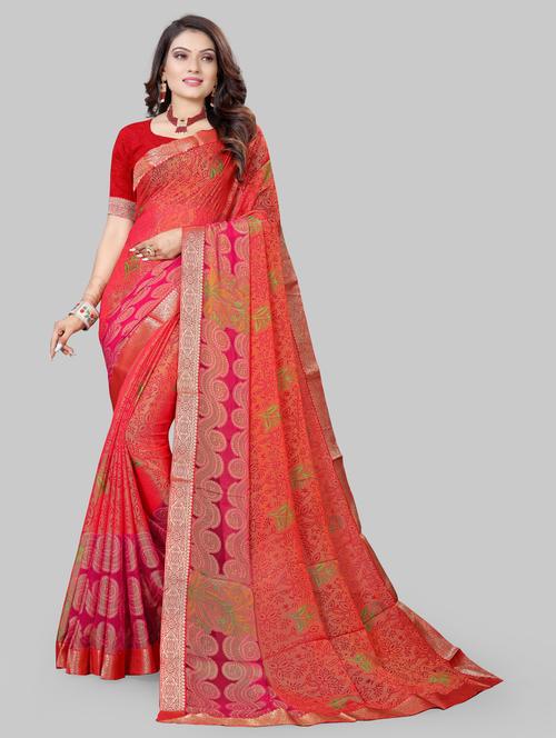women's floral red colored saree with blouse - 20130739 - Very Small Image - 1