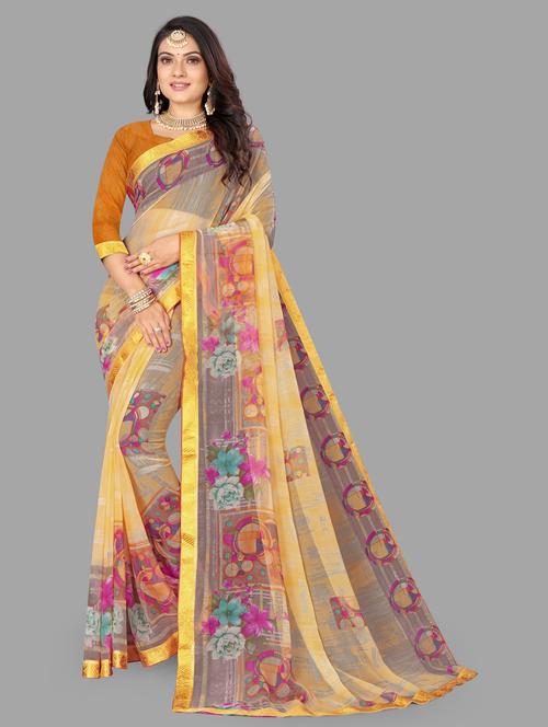 yellow printed saree with blouse - 20130977 - Very Small Image - 1