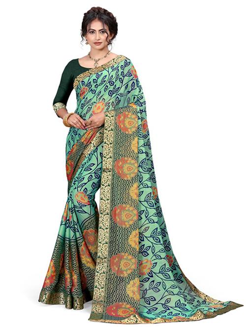 women's printed ai aqua colored saree with blouse - 20131045 - Very Small Image - 1
