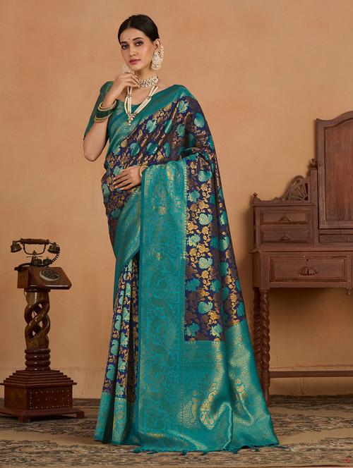 women's self design navy blue colored saree with blouse - 20131222 - Very Small Image - 1