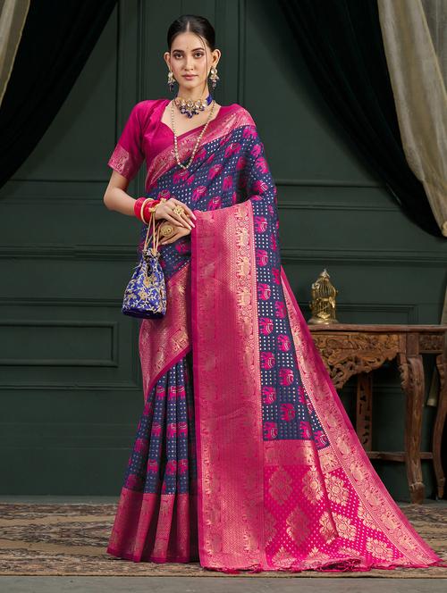 women's self design navy blue colored saree with blouse - 20131249 - Very Small Image - 1