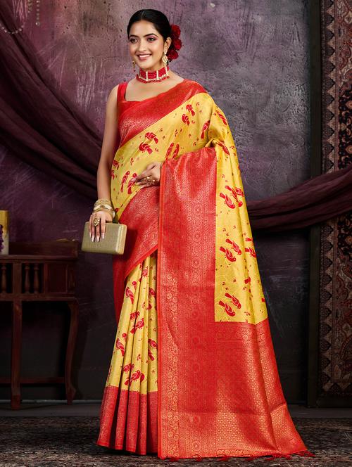 women's self design gold colored saree with blouse - 20131257 - Very Small Image - 1