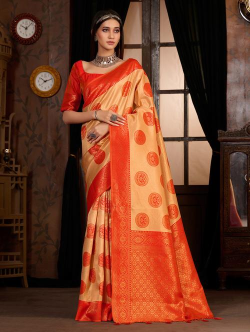 women's self design peach colored saree with blouse - 20131262 - Very Small Image - 1