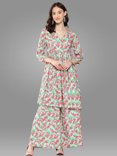 green printed kurta palazzo set - 20132778 - Very Small Image - 1