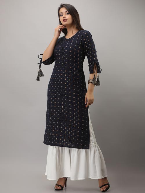 blue printed three quarter sleeve kurta sharara set - 20132936 - Very Small Image - 1