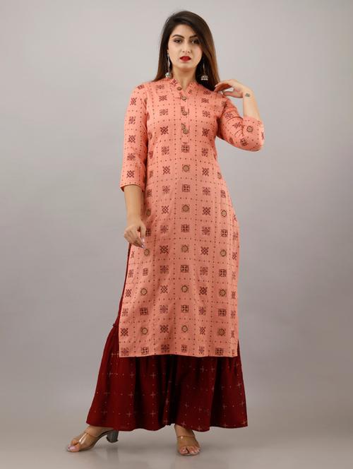 peach printed three quarter sleeve kurta sharara set - 20132951 - Very Small Image - 1