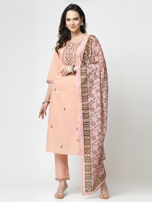 peach three quarter sleeve kurta pant set - 20133218 - Very Small Image - 1