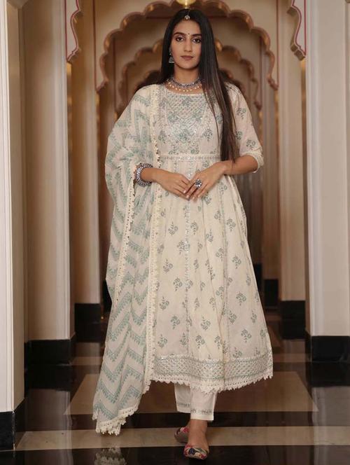 cream floral print with embroidery work suit set - 20133283 - Very Small Image - 1