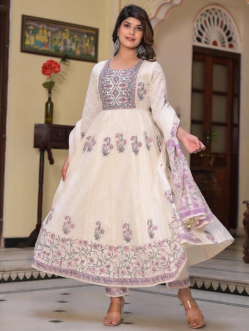 cream round neck embroidered suit set - 20133284 - Very Small Image - 1