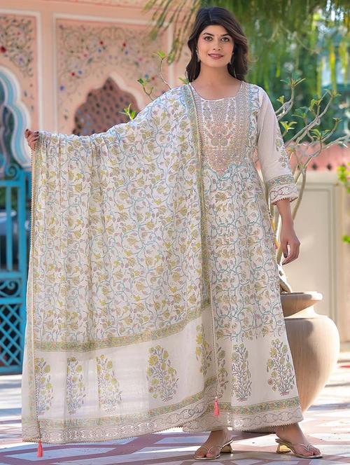 cream floral print with embroidery work suit set - 20133286 - Very Small Image - 1