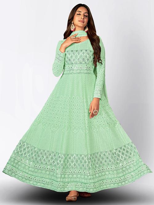 green embroidered anarkali semi-stitched suit - 20135323 - Very Small Image - 1