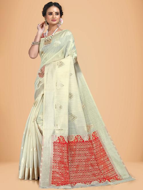 off-white self design woven saree with blouse - 20135417 - Very Small Image - 1