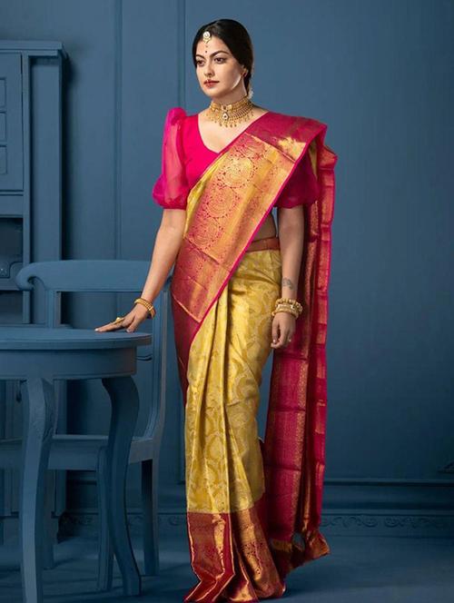 orange self designed contrast border kanjivaram saree with blouse - 20135615 - Very Small Image - 1