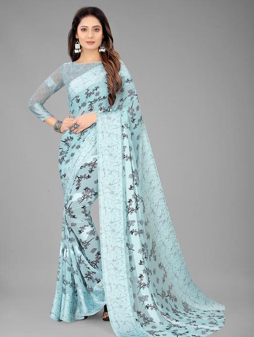 blue floral print saree with blouse - 20135686 - Very Small Image - 1