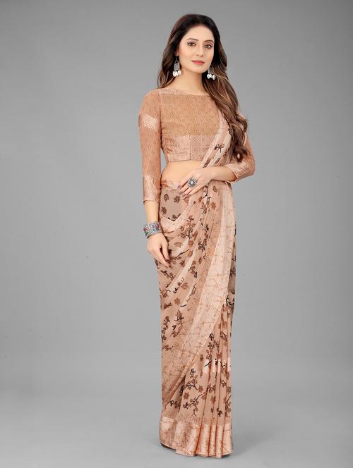 beige floral print saree with blouse - 20135693 - Very Small Image - 1