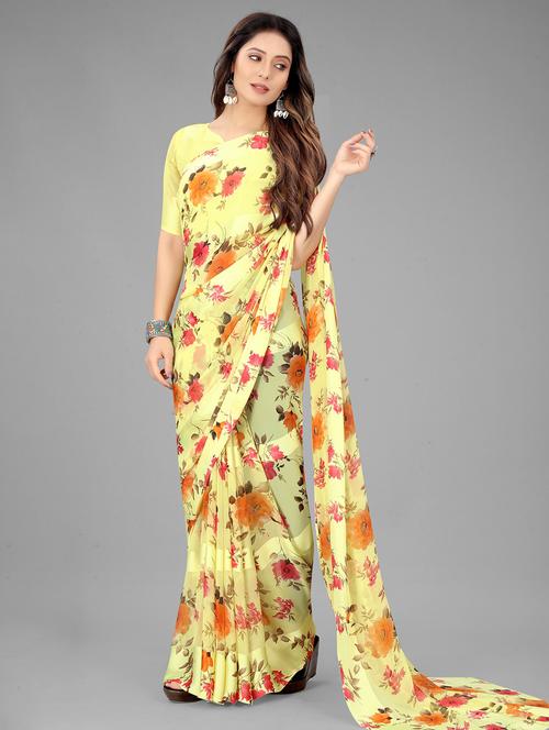 yellow floral print saree with blouse - 20135716 - Very Small Image - 1